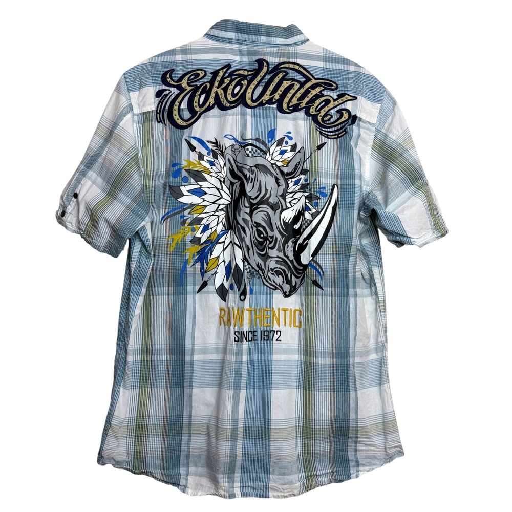 y2k Ecko Unltd Mens XL Blue Plaid Streetwear Skater Button‎ Shirt Rhino Graphic